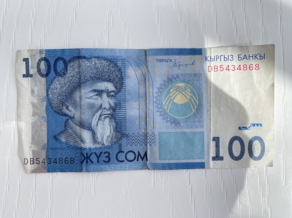 キルギスの通貨。１００ソム紙幣の画像です。