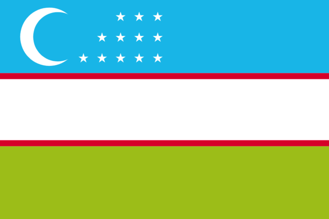 ウズベキスタン国旗について書いている記事のアイキャッチ、星、色、三日月の意味など。