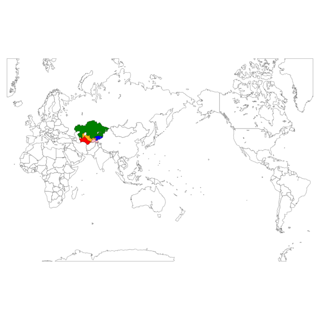 世界地図における中央アジアを示す色付け画像
